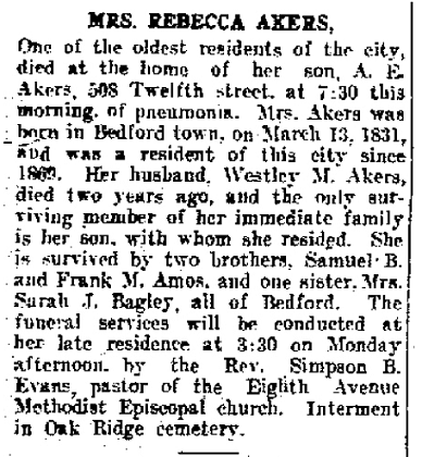 obituary of Rebecca Akers, a daughter of John and Rebecca (Border) Amos.