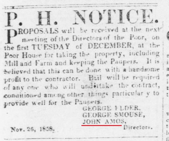 A Poor House notice identifies John Amos as a Director of the Poor House. 
