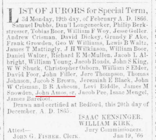 John Amos was chosen as a Juror for a special term in 1866. 