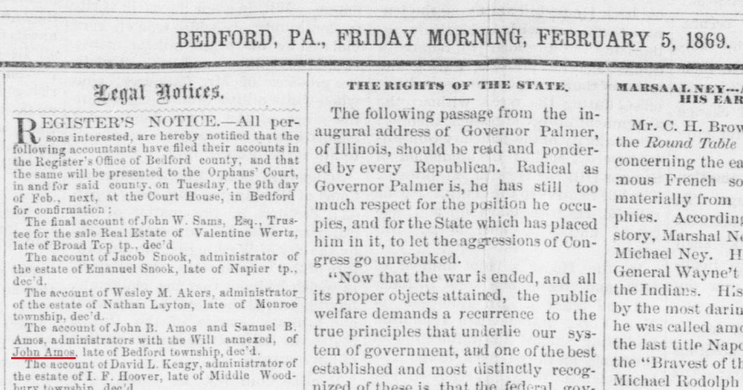 A  legal notice concerning the estate of John Amos, Sr. 