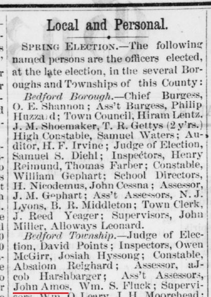 Another 1867 article indicates that John Amos was elected to serve as an Assistant Assessor. 