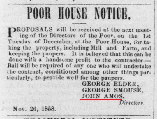 An advertisement documents John Amos serving as a Director of the Poor House. 