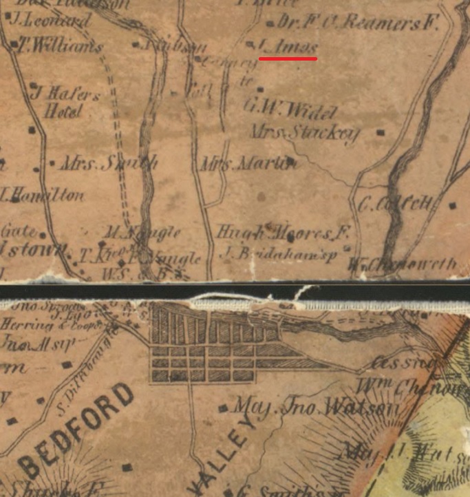 An 1861 map identifies the location of the residence of John Amos north of the town of Bedford, Pennsylvania.