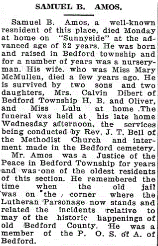 The obituary of Samuel Amos, a son of John and Rebecca Amos.