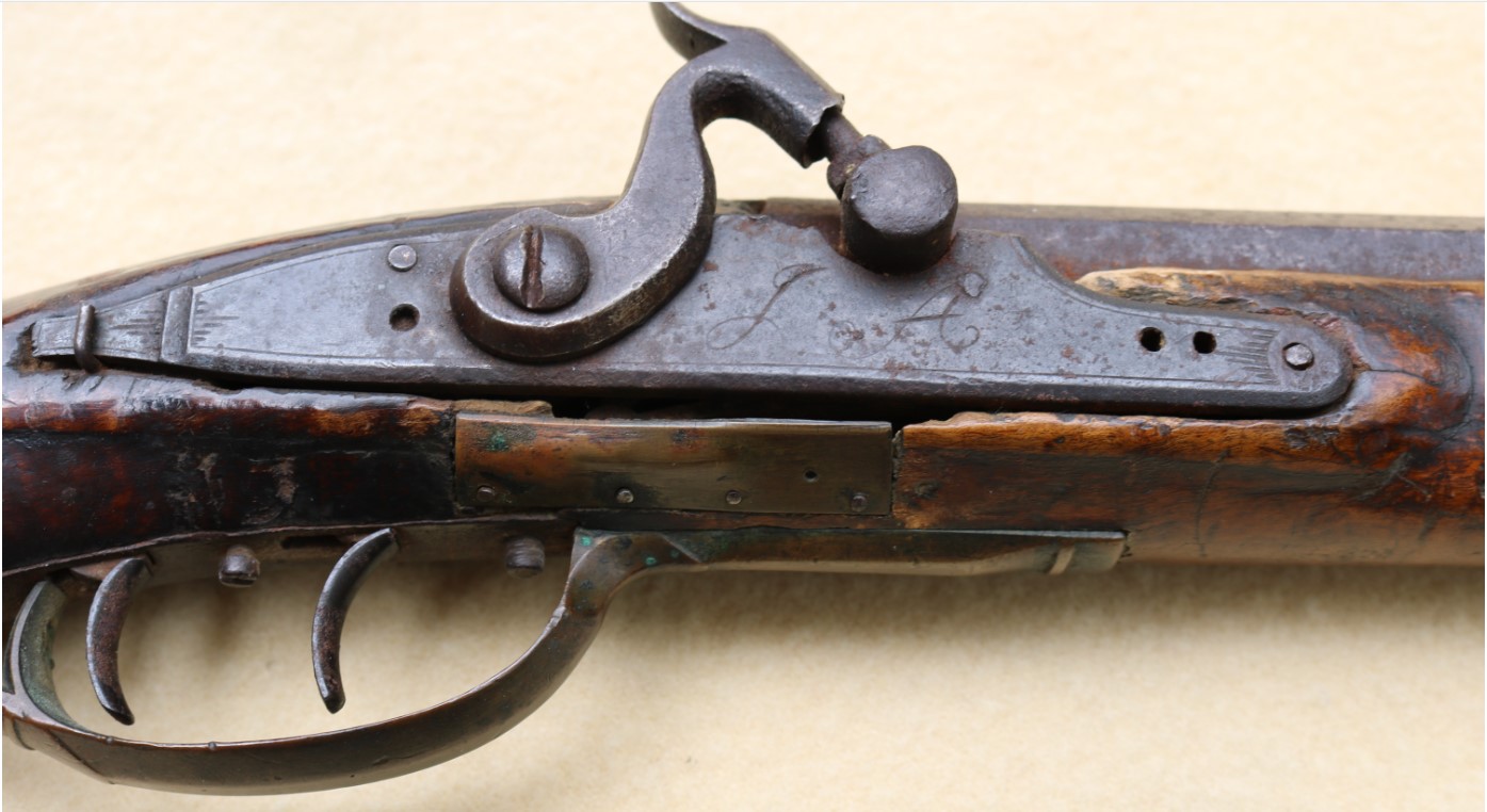Photo of the classic Bedford County-style lock on the John Amos percussion rifle.