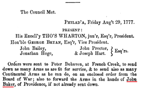 A 1777 reference to arms in he possession of John Baker of Providence.  