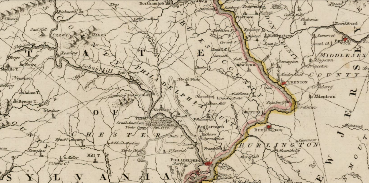 This 1778 map shows the boundaries of Philadelphia County that existed back then.  