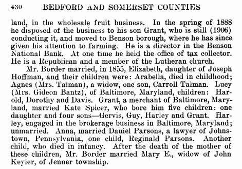 Page 430 from the 1906 book History of Bedford and Somerset Counties, Pennsylvania. 