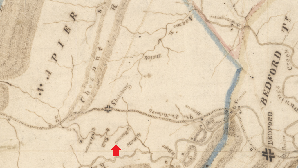  This excerpt from the circa 1819 Melish-Whiteside manuscript map of Bedford County identifies Border's Mill in Napier Township. 