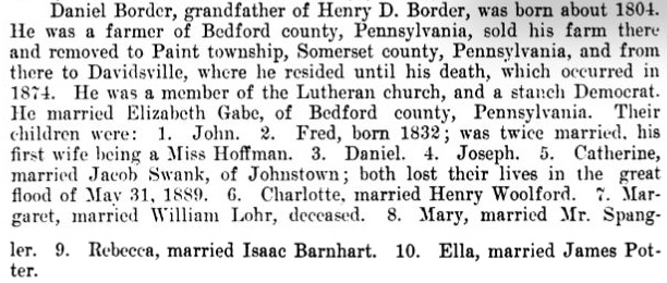 An excerpt about Daniel Border from the 1907 book History of Cambria County, Pennsylvania. 
