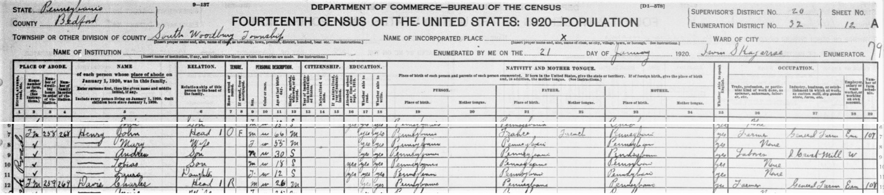 John Henry in the 1920 census of Bedford County, Pennsylvania.