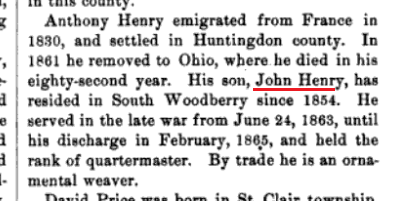 A reference to John Henry, Sr. in the History of Bedford, Somerset and Fulton Counties, Pennsylvania.
