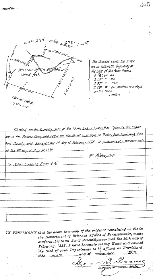 William Smith survey that references the North fork Turkey Foot 