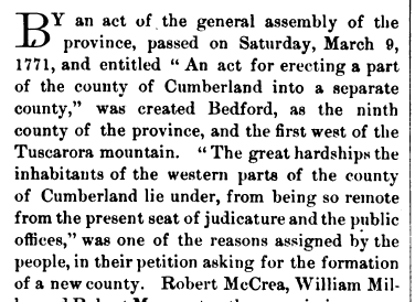  An excerpt from the 1884 book History of Bedford, Somerset and Fulton Counties that identifies the formation date of Bedford County, Pennsylvania.