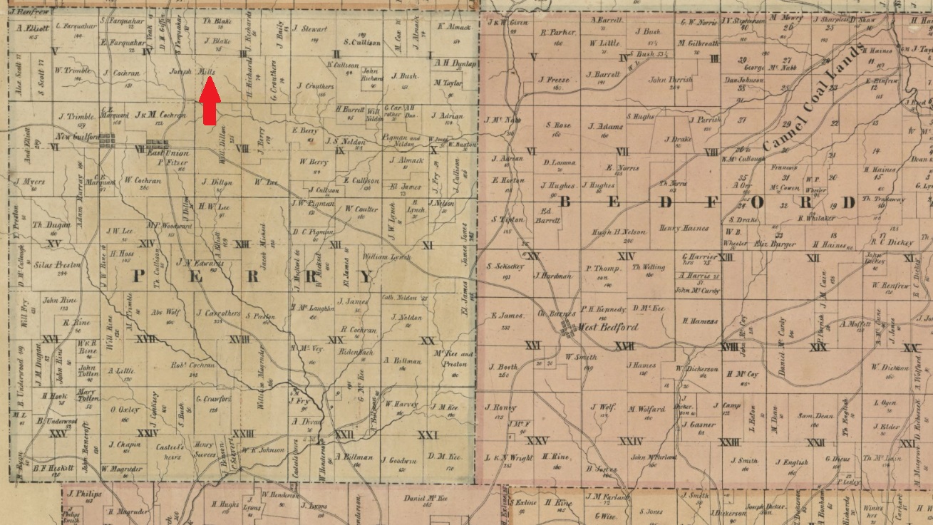 This 1850 map identifies the location of Joseph Mills' farm near the village of East Union in Perry Township.