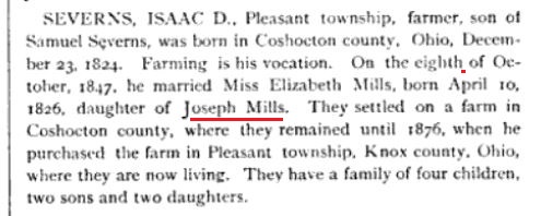 This excerpt from the History of Knox County, Ohio identifies a daughter of Joseph Mills who was born in 1826.