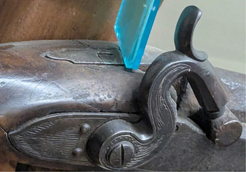 An oblique view of the tang and hammer on the Joseph Mills percussion rifle