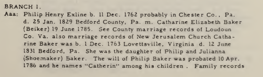 The beginning of a Joseph Mills-related excerpt from the 1952 book Genealogy of the Exline and Axline Family.