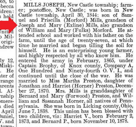 The 1881 book History of Coshocton County, Ohio... identifies the wife of Joseph Mills, along with a son and a grandson.