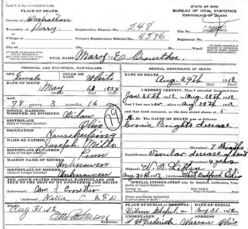 The death certificate of Joseph Mills' daughter Mary indicates that she was born on May 13, 1834.