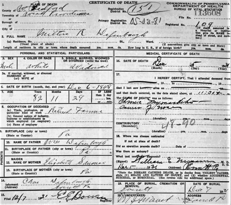 The death certificate of Milton Defibaughe indicates he was the son of William and Elizabeth (Smouse) Defibaugh and was born on December 6, 1848.