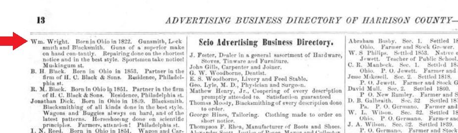 This excerpt from the 1875 atlas of Harrison County, Ohio identifies William Wright as a gunsmith.