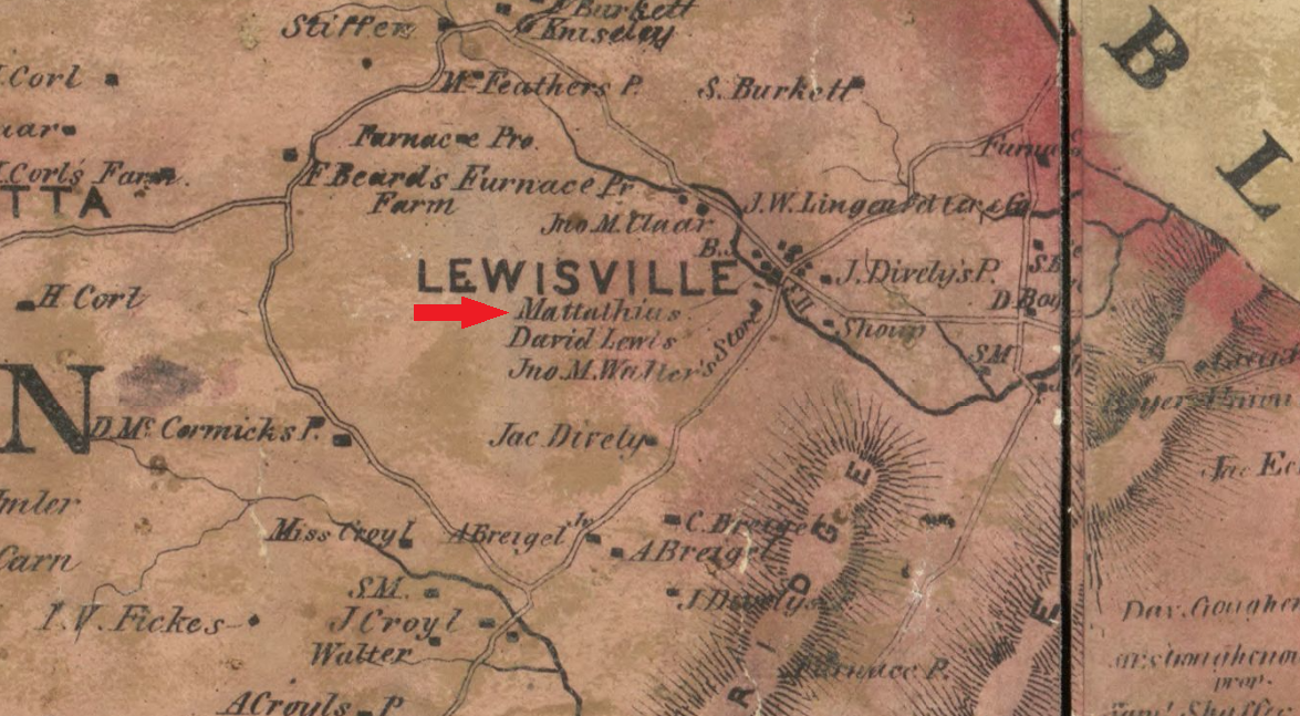 The residence of the gunsmith N. Mathesiee is illustrated on this 1861 map of Bedford County, Pennsylvania.