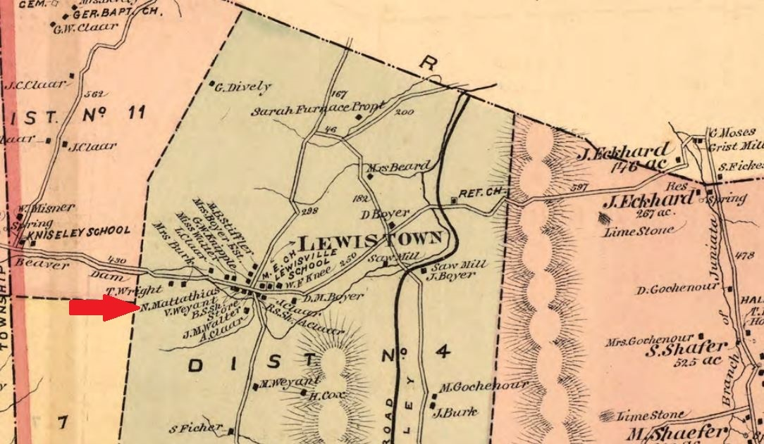 This 1877 map illustrates the residence of Nicholas Mathesiee at Lewistown, in Bedford County, Pennsylvania.