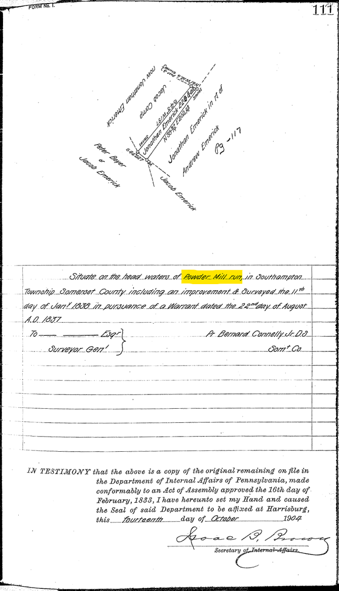 Somerset County Survey Book C-63 Page 111 refers to Powder Run as Powder Mill Run.