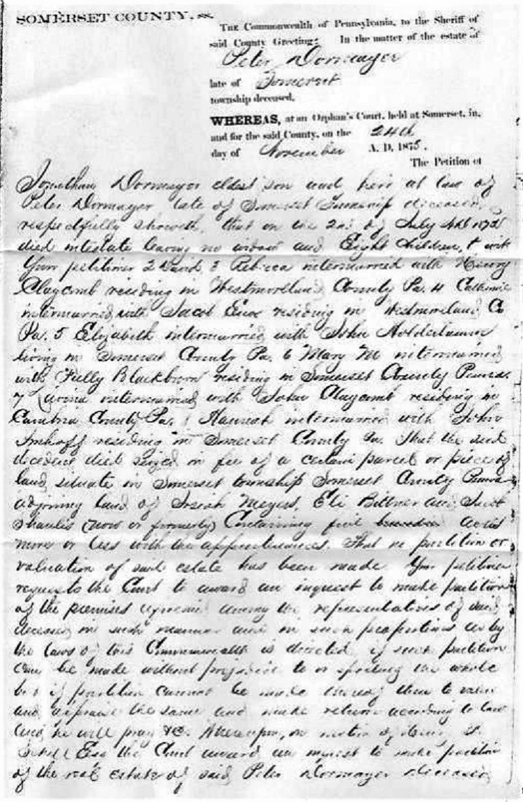 This is a copy of a November 24, 1875 document regarding the estate of Peter Dormayer. 