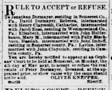 An 1874 newspaper notice regarding the estate of Peter Dormayer. 