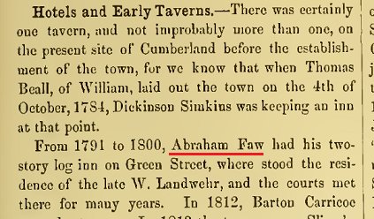  A first reference to Abraham Faw at Cumberland, Maryland.