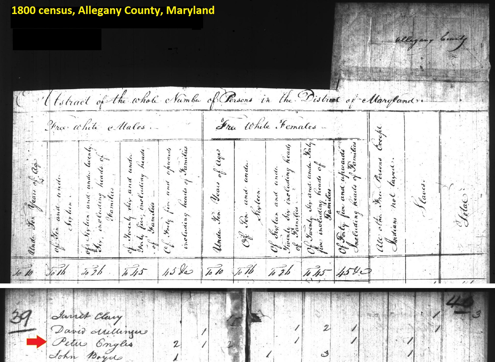 Peter Engles in an excerpt from the 1800 census of Allegany County, Maryland. 