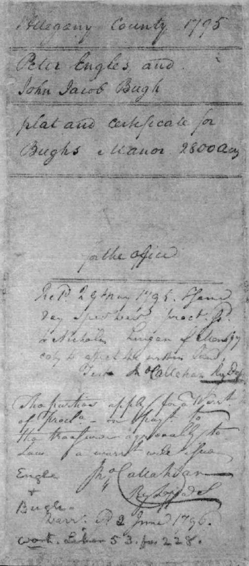 This survey proves that Peter Engle was living in Allegany County, Maryland by April 1, 1795. 
