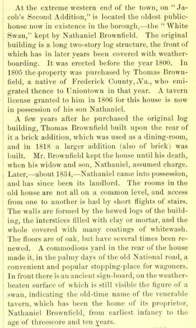 Description of the White Swan tavern from the 1882 book History of Fayette County, Pennsylvania.