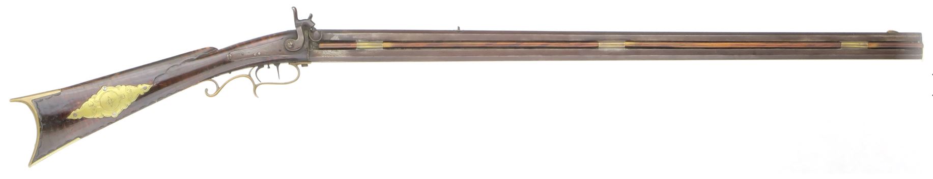 A right-hand view of an antique superposed percussion rifle made by gunmaker Samuel Mier of Salisbury, Somerset County, Pennsylvania.