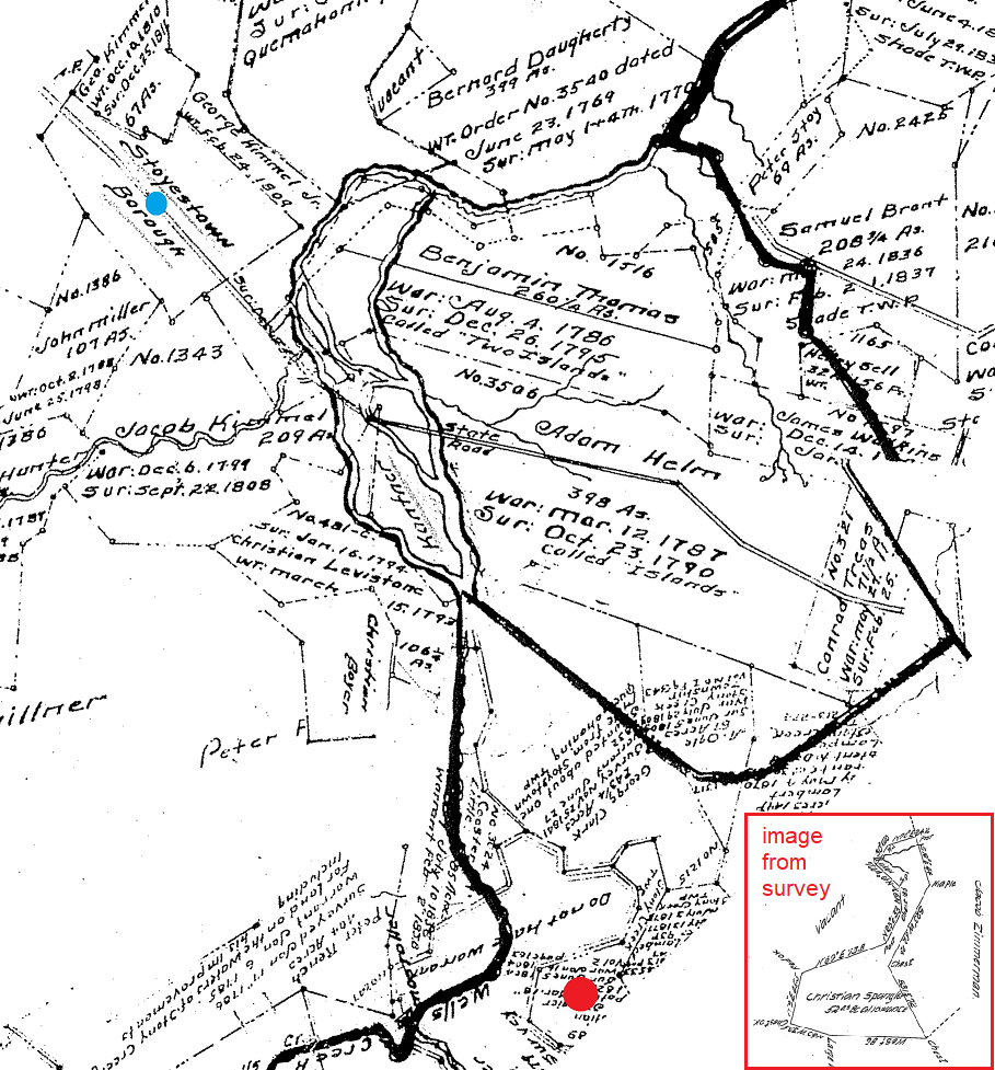 This excerpt from the Quemahoning Township WPA warrant survey map shows the location of Christian Spangler's Stony Creek Township survey. 
