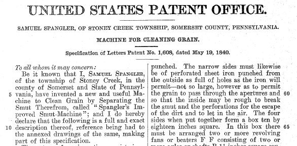 An excerpt from the May 19, 1840 patent of Samuel Spangler of Stony Creek Township, Somerset County, Pennsylvania. 
