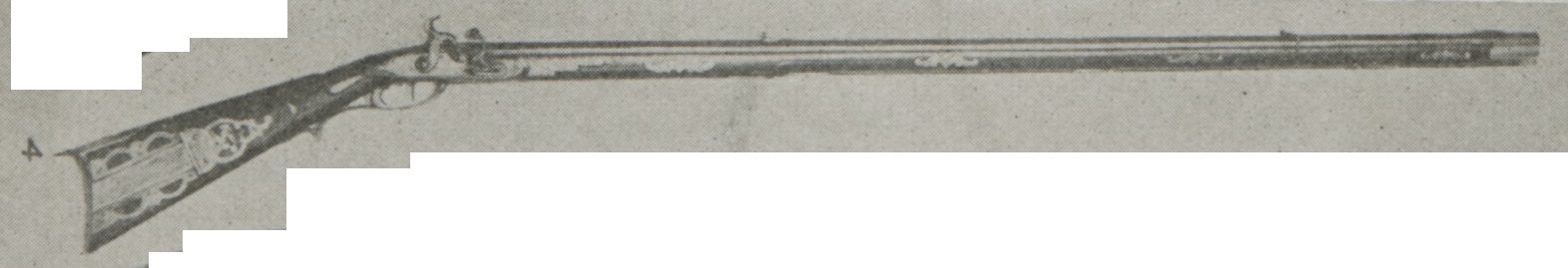 This is a 1921 halftone image of a silver-mounted rifle that is marked 'Jacob Ruslin'. It is believed to have been made by Samuel Spangler, a gunsmith who worked in Somerset County, Pennsylvania before moving to Wisconsin.