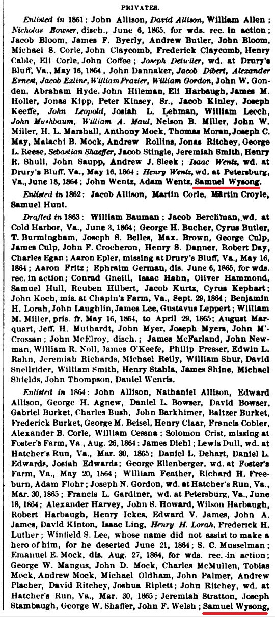 This excerpt from a history book indicates that Samuel Whyson enlisted in the Union Army during the American Civil War.
