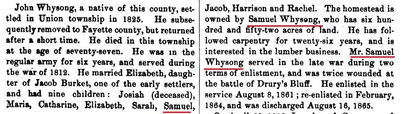 This excerpt from a history book puts Samuel Whysong in Union Township of Bedford County, Pennsylvania.