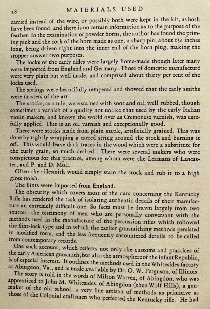 A continuation of the discussion of materials used in the manufacture of Pennsylvania-Kentucky rifles, including  references to locks, gun stocks, and gun flints.