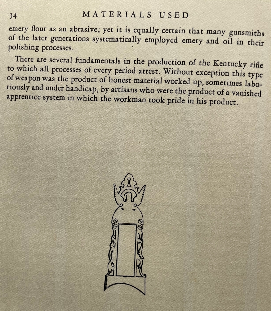 Conclusion of Chapter 6, discussing abrasives used in polishing rifle components. Illustration of a patch box with an eagle finial.