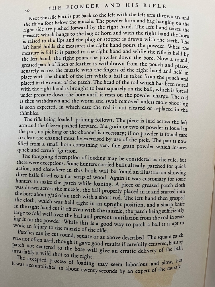 A description of loading a flintlock muzzle loading rifle.