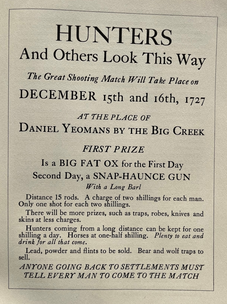 A copy of a 1727 advertisement for a shooting match. 