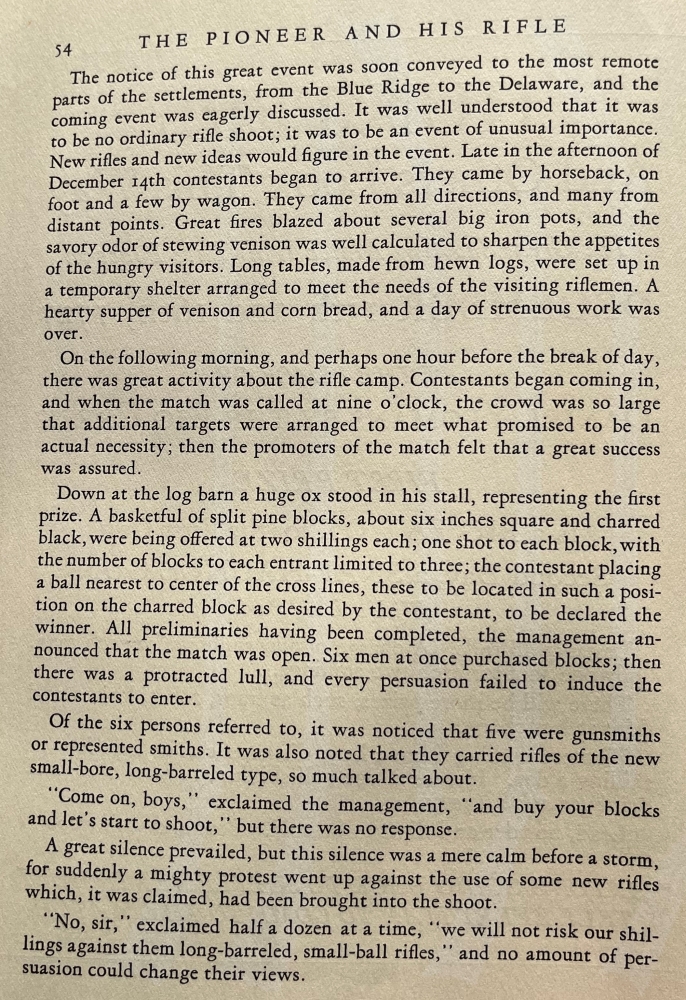 A description of the beginning of an early American shooting match that was attended by riflemen.