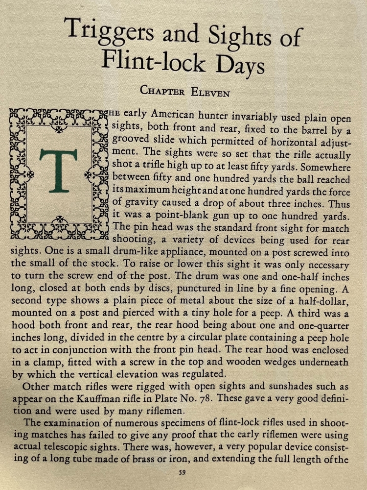 The beginning of a chapter titled Triggers and Sights of Flint-lock Days in the 1924 book titled The Kentucky Rifle.