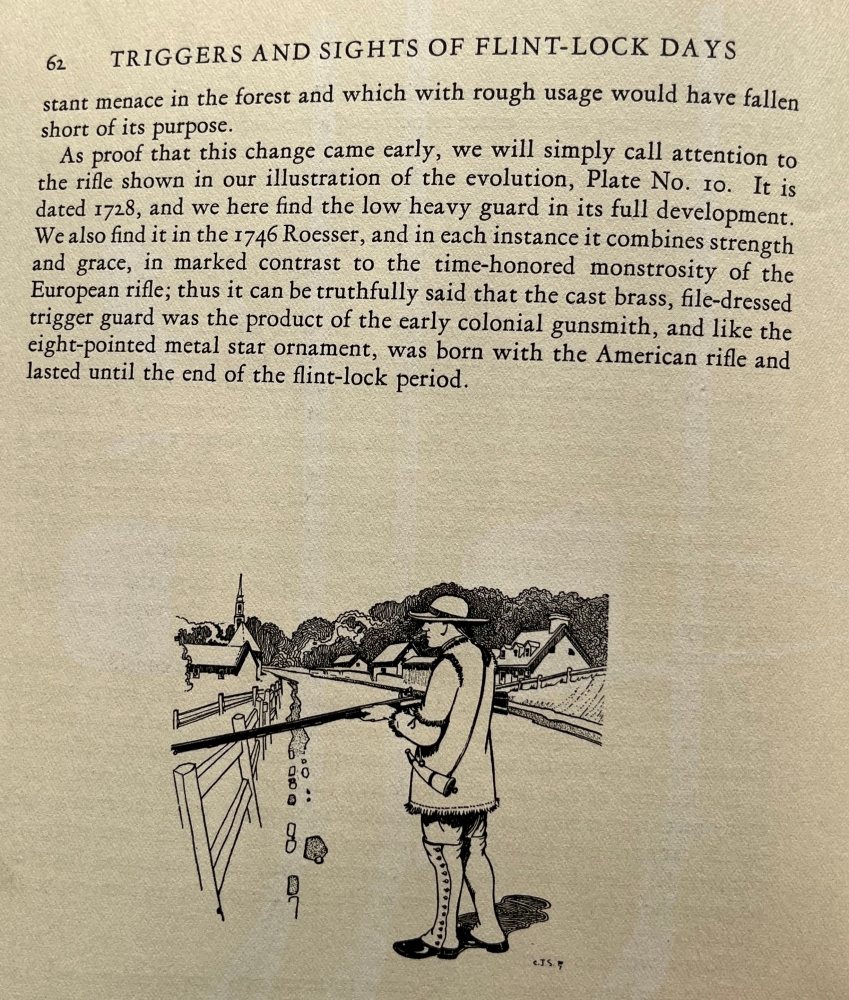 The last page of the chapter titled Triggers and Sights of Flint-lock days, with a mention of a trigger guard on a 1746 firearm.