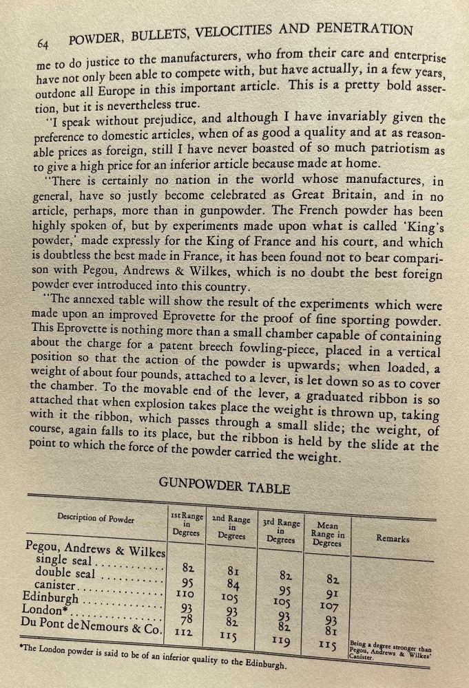 A page from a chapter about Powder, Bullets, Velocities, and Penetration of American muzzle loading long rifles, with a table comparing brands of gunpowder.