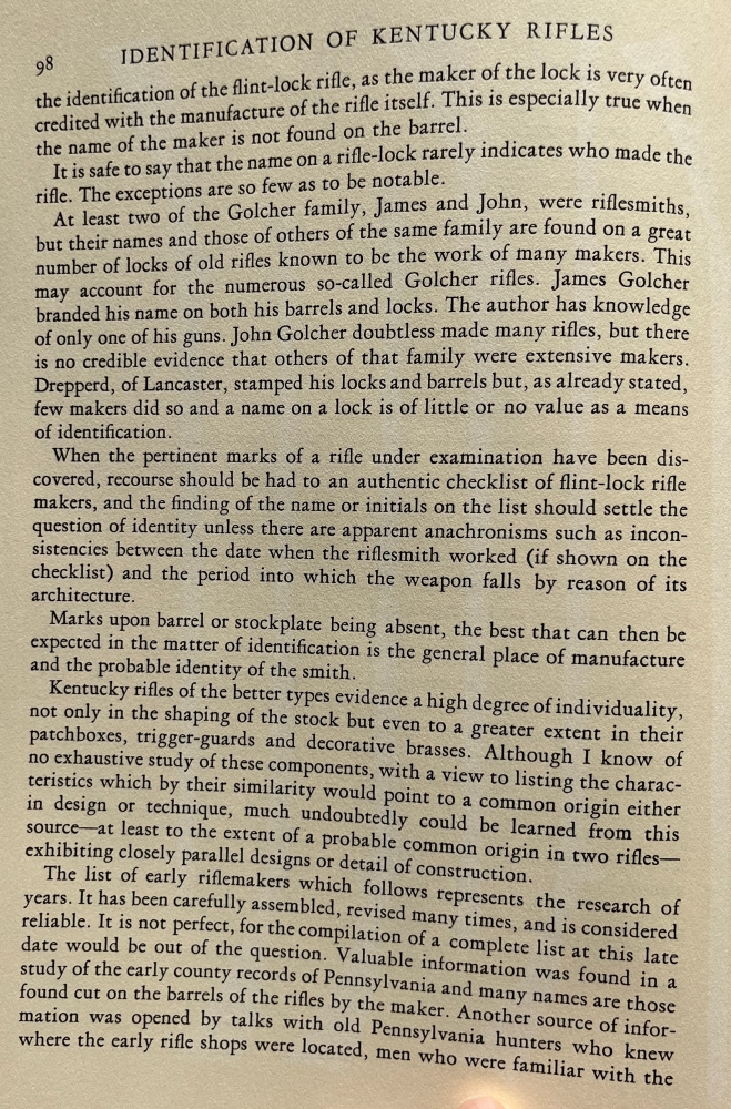 A discussion of marks on the locks of early American long rifles, and other distinguishing characteristics associated with individual gunmakers.